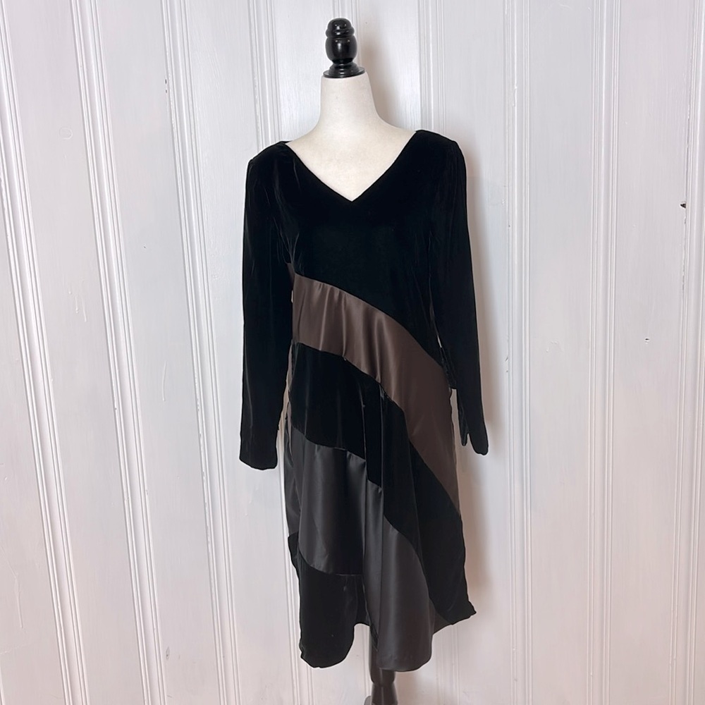 OSCAR DE LA RENTA black velvet & taupe colour satin dress